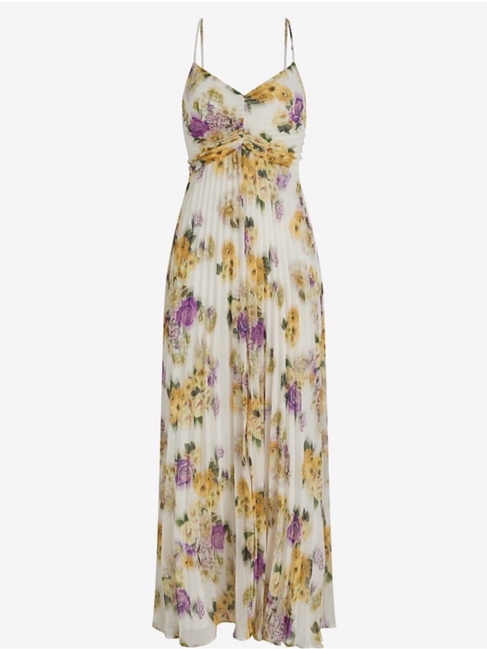 Express White Floral Maxi Dress with Yellow and Purple Blooms